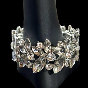 Silver tone Floral Rhinestone Statement Bracelet NWT